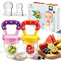 Baby Fruit Feeder Teether, 2 Pack Silicone Baby Food Feeder with 4 Silicone Pouches in 3 Sizes for Fruits, Vegetables, Frozen Breastmilk (Pink Yellow)
