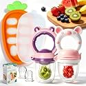 Baby Fruit Food Feeder - Fresh Food Feeder, Infant Fruit Teething Teether Toy for 4-24 Months, 2 Pack with 3 Stage Pouches and Freezer Tray for Babies (Purple Pink)