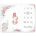 Baby Girl Milestone Blanket – Floral Elephant Design – Soft Fleece Monthly Growth Blanket with Accessories for Photos and Nursery Décor 50x40 Inches