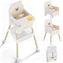 Baby High Chair 3 in 1 High Chairs for Babies and Toddlers Bear Toddler Chair Adjustable Height Highchair with Bib and Storage Bag for Baby Convenient Comfortable Feeding（Beige）