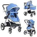 BABY JOY Baby Stroller, 2-in-1 Convertible Bassinet Reclining Stroller, Foldable Pram Carriage with 5-Point Harness, Including Cup Holder, Foot Cover, Diaper Bag, Aluminum Structure, Blue