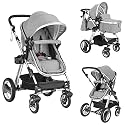 BABY JOY Baby Stroller, 2-in-1 Convertible Bassinet Reclining Stroller, Foldable Pram Carriage with 5-Point Harness, Including Cup Holder, Foot Cover, Diaper Bag, Aluminum Structure, Gray
