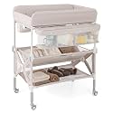 BABY JOY Portable Baby Changing Table, Foldable Waterproof Diaper Changing Station w/Wheels, Adjustable Height, Storage Basket, Shelves & Trash Bin, Mobile Nursery Organizer for Newborn Infant, Beige