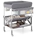 BABY JOY Portable Baby Changing Table, Foldable Waterproof Diaper Changing Station w/Wheels, Adjustable Height, Storage Basket, Shelves &amp; Trash Bin, Mobile Nursery Organizer for Newborn Infant, Gray