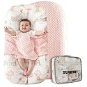 Baby Lounger Pillow for Newborn – Large Infant Lounger 0-24 Months | Anti-Startle Removable Wings, Breathable Mesh Core | 2-Sided Cotton &amp; Minky Cover | Tummy Time Mat, Portable Baby Nest (Pink)