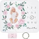 Baby Monthly Milestone Blanket for Baby Girl, Newborn Age Months Blanket Photo Prop with Growth Chart, Pink Floral Rose, Wreath & Headband, 45''x40''