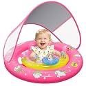 Baby Pool Float with UPF50+ Sun Protection Canopy, Inflatable Unicorn Baby Swim Float with Double Air Chambers, Adjustable Safety Seat &amp; Toy Console Toddler Pool Float for 6-36 Months Boys Girls