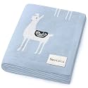 Baby Receiving Swaddle Stroller Blanket - 100% Fine Loomed Cotton Cozy Cuddle Crib Stroller Unisex Quilt Knit Blanket for Newborns Infants Toddler Boys and Girls (Llama - Baby Blue)