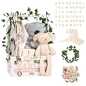 Baby Shower Gifts Basket Wooden Crate, Personalized Wooden Letters and Clothes Hangers New Born Baby Girl Boy Gifts Vine Decorations Cute Closet with Handle Pregnancy Gifts for New Mom Parents White