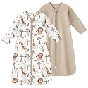 Baby Sleep Sack 18-24 Months, Long Sleeve Baby Wearable Blanket 0.5 Tog with Mittens, 2-Way Zipper Toddler Cotton Sleeping Sack for Boy and Girl Khaki Animal 2 Pack(XLarge)