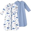 Baby Sleep Sack 18-24 Months, Long Sleeve Baby Wearable Blanket 0.5 Tog with Mittens, 2-Way Zipper Toddler Cotton Sleeping Sack for Boy and Girl Blue Whale 2 Pack(XLarge)