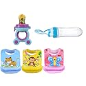 BabyGo Baby Feeding Combo | Waterproof Silicone Bibs Set of 3 + BPA-Free Mickey Fruit Feeder + Soft Silicone Squeeze Feeder Spoon Bottle (90ml), Reusable Baby Feeding Set | Ideal for Infants