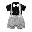 Baby Toddler Boy Formal Gentleman Suits,Dress Short Shirt With Bowtie+Suspender Pants Dressy Outfit