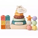 Baby Toy Set, 3 in 1 Baby Blocks, Teething Rings &amp; Sensory Balls 6M+