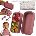 Baby Travel Feeding Set with Silicone Suction Plates, Dark Pink Small