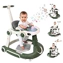 Baby Walker, 4-in-1 Baby Walker with Wheels Portable, Foldable Infant Toddler Walker for Boys Girls 6-18 Month,Removable Footrest,Car Steering Wheel & Music, Adjustable Push Walker Pink Green