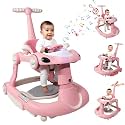 Baby Walker, 4-in-1 Baby Walker with Wheels Portable, Foldable Infant Toddler Walker for Boys Girls 6-18 Month,Removable Footrest,Car Steering Wheel & Music, Adjustable Push Walker Pink
