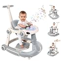 Baby Walker, 4-in-1 Baby Walker with Wheels Portable, Foldable Infant Toddler Walker for Boys Girls 6-18 Month,Removable Footrest,Car Steering Wheel &amp; Music, Adjustable Push Walker Grey