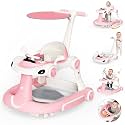 Baby Walker with Wheels, 7-in-1 Foldable Baby Walkers for Boys Girls 6-12 Months with Feeding Tray &amp; Music, Lights,Rocker,Sun Canopy, Bouncing Pedal, Adjustable Wheel Speed, Push Walker (Pink)