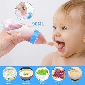 babygo baby food feeder amp dispensing spoon combo pack  90ml nibbler for fresh fruit amp spoon bottle for cereal bpa-free weaning tools for infants amp toddlers 2-piece set