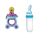 BabyGo 2-in-1 Baby Food Dispensing Spoon &amp; Fruit Feeder | 90ml Squeeze Pouch for Puree &amp; Mashed Fruits, BPA-Free Nibbler Pacifier for Infant Self-Feeding from 6 Months (2-Pack)