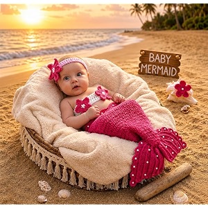 babymoon set of 3 crochet mermaid new born photography shoot props costume 6-18 months pink