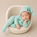 BabyMoon |Strechable Bodysuit And Cap | Baby Photoshoot Props Costume | 0-1 Month | Green
