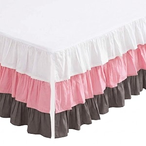 bacati 3 layer ruffled cribtoddler bed skirt whitepinkgrey 1334