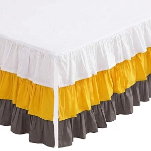 bacati 3 layer ruffled cribtoddler bed skirt whiteyellowgrey 1334
