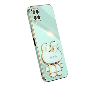 back cover for samsung galaxy a12 with cute 3d cartoon shaped mirror folding mobile stand holder 360 degree protection anti-slip with drop protection pack of 1 mint