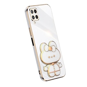 back cover for samsung galaxy m12 with cute 3d cartoon shaped mirror folding mobile stand holder 360 degree protection anti-slip with drop protection pack of 1 white