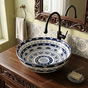 backline ceramic moroccan wash basin countertop  tabletop ceramic bathroom sink  modern wash basin over counter  wash basin for bathroom 43 x 43 x 12 cm dark blue moroccan5 years warranty
