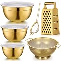 Baderke 6 Pcs Gold Kitchen Accessories Set Includes 3 Gold Mixing Bowls with Airtight Lids Stainless Steel Colander Grater Slicer and Fine Mesh Strainer(Mixing Bowls: 2.8/3.7/5 Qt, Colander: 4 Qt)