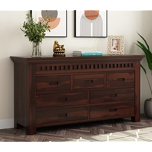 solid sheesham wood walnut finish chest of drawer 7 compartment dresser storage organizer sideboard closet kitchen cabinet cupboard furniture for bedroom living room home amp office