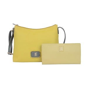 baggit women yellow hobo hangbag small size with green wallet xl size combo  ladies stylish purse bag  credit card holder  money bag