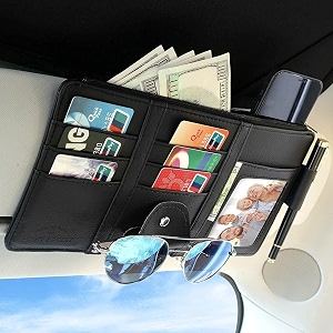 car accessories car sun visor organizer sunglass pen card small document storage pouch holder pu leather multi-pocket with zipper net automobiles black
