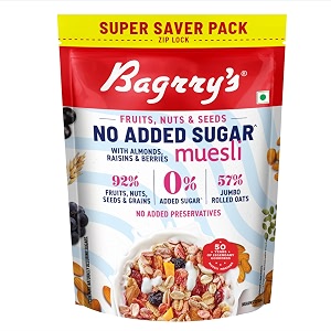 bagrrys no added sugar muesli with fruits nuts amp seeds  700g  high fibre amp protein  0 added sugar no corn flakes  whole grain breakfast cereal with almonds raisins pumpkin seeds amp berries  no sugar infused berries
