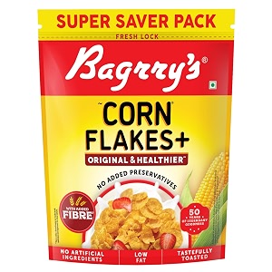 bagrrys corn flakes original amp healthier 800g  added fibre  crunchy breakfast cereal  delicious golden corn  low fat amp low in glycaemic index  source of protein  toasted amp crunchy corn flakes  no added preservatives  no artificial ingredients