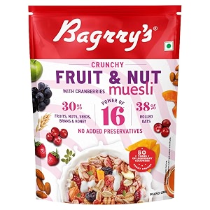 bagrry39s crunchy muesli with 30 fruit amp nut cranberries 375gm pouch 38 fibre rich oatsno sugar infused fruitsreal fruitsbreakfast cerealprotein richcranberry muesli
