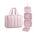 BAGSMART Travel Toiletry Bag for women, Portable Hanging Hook Makeup Bag Organizer, Waterproof Makeup Cosmetic Bag, for Full-Size Accessories, Toiletries, Pink