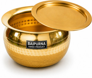 baipurna premium brass handi 2l with lid big size pital pot for cooking biryani handi 2 l with lid brass non-stick