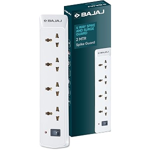 bajaj 4 way spike and surge guard  2 meter long cable  3-pin universal sockets  fire retardant cable  6 months - warranty pack of 1 white 250 volts