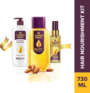 bajaj almond drops hair nourishment kit - almond drops hair oil 350ml  shampoo 340ml  serum 50ml 3 items in the set