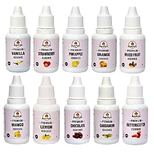 bakefrillz food flavour essence 20 ml x 10  vanilla butterscotch strawberry pineapple orange mango lemon chocolate mix fruit amp cardamom  ideal for cakes ice creams puddings amp desserts