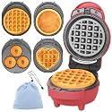 Baker's Friend 4 in 1 Mini Waffle Maker with Removable Plates, Set Includes Mini Pancake, Donut, Heart Shape Waffle Makers, Compact Size, Recipe Included, Red