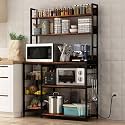 Bakers Rack with Baskets and Power Outlet, 5-Tier Kitchen Utility Storage Shelf with Hooks, Microwave Oven Stand Rack, Vintage Brown Free Standing Kitchen Shelf