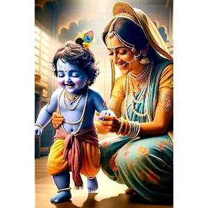 bal krishna with mother yashoda wall poster  cute baby krishna devotional wall art for pooja room living room amp kids room  premium hindu god spiritual home decor  12x18 inch glossy wall poster pack of 1