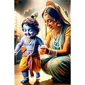 Bal Krishna with Mother Yashoda Wall Poster | Cute Baby Krishna Devotional Wall Art for Pooja Room, Living Room &amp; Kids Room | Premium Hindu God Spiritual Home Decor | 12x18 Inch Glossy Wall Poster (Pack of 1)