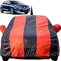 Baleno Dustproof Car Cover with Mirror &amp; Antenna Pockets, Red Blue Stripes, Taffeta Polyster,Triple Stitched, Compatible with Maruti Baleno Car Cover (2015 to 2024), Baleno Car Accessories