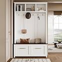 Ball &amp; Cast 4-in-1 Hall Tree with Bench, Versatile Wood Entryway Coat Hanger with 2 Drawers &amp; Top Open Storage Shelf &amp; 6 Golden Hooks, Two Tone Color Entrance 76.6" H Coat-Rack for Hallway, White